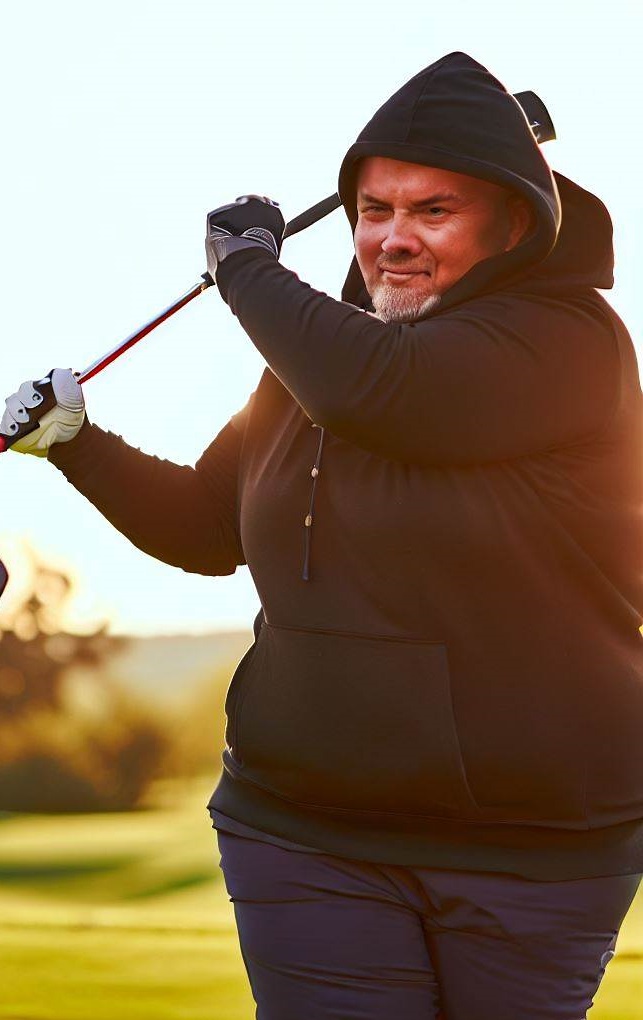 The Serene Programmer's Secret: Merging Golf and Code for Optimal Results Software engineer in black hoodie swinging a golf club on a sunny, scenic golf course, representing relaxation and focus for software success.